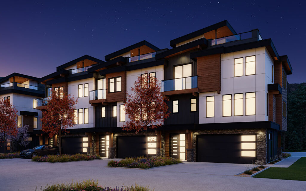 Street view of townhome at night