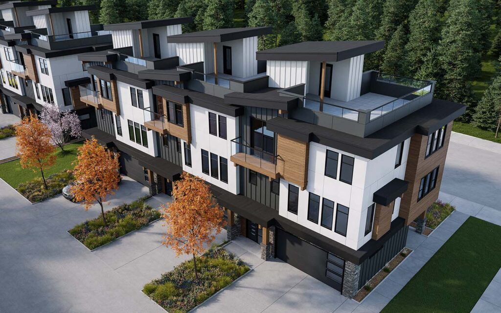 Aerial view of townhome with rooftop patio